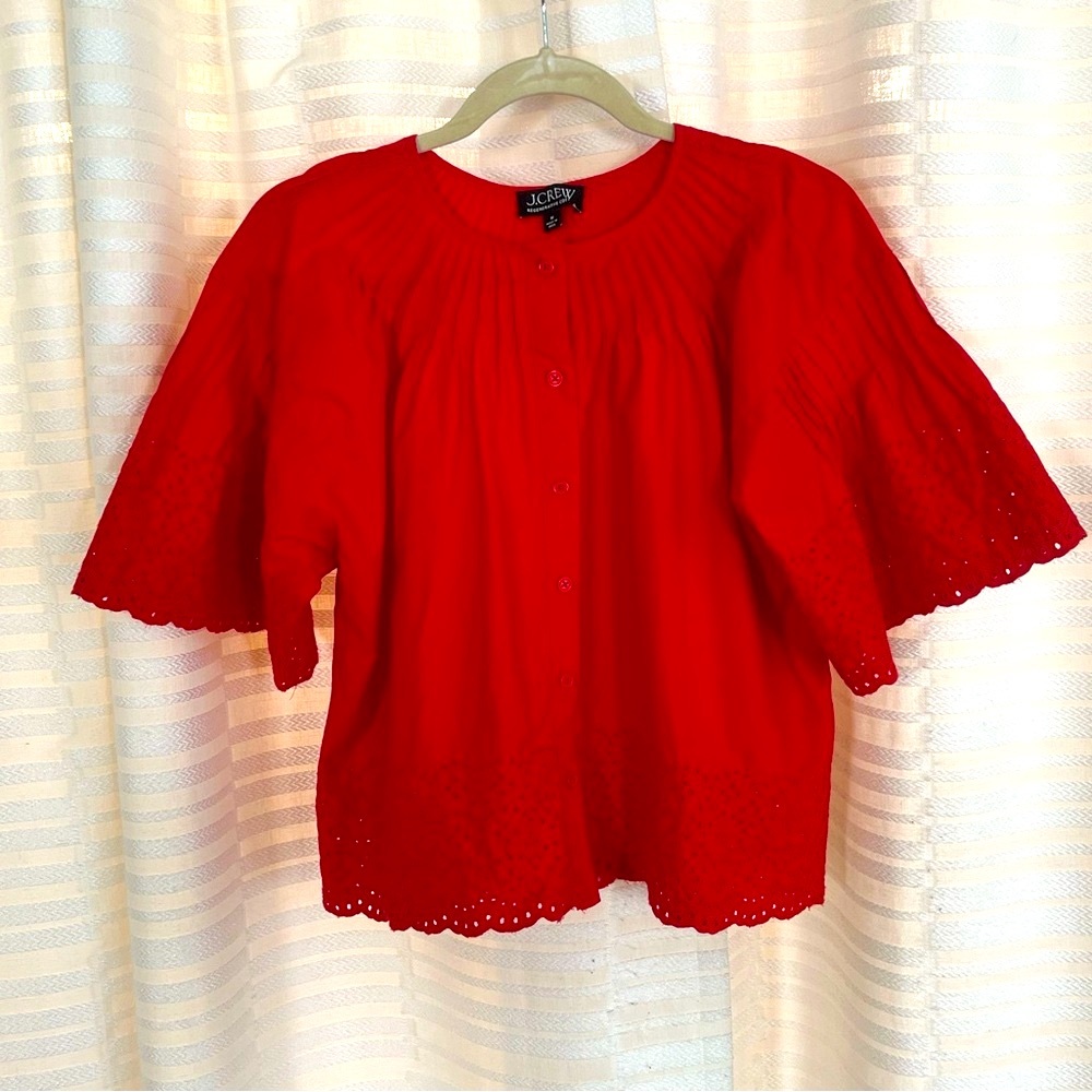 J.Crew Red Flutter Sleeve Blouse with Lovely Eyelet-Detail